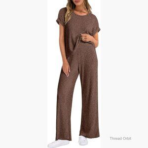 Medium Rib Knit Lounge Set 2-Piece Pajamas Crewneck Top Casual Pants